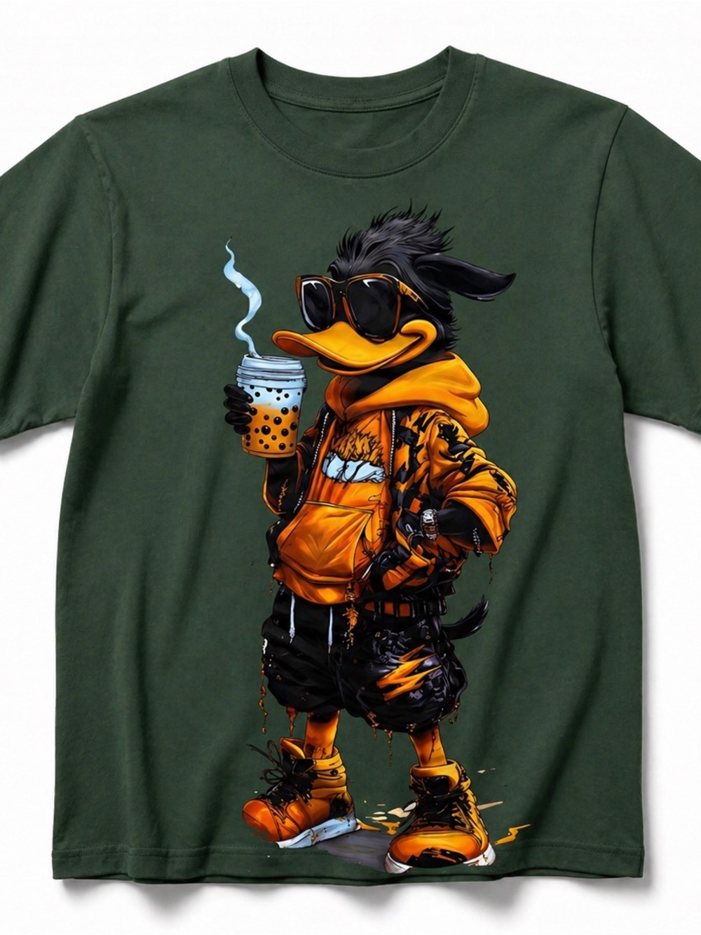 Men's Graphic Tee - Dark Green with Orange Duck Design